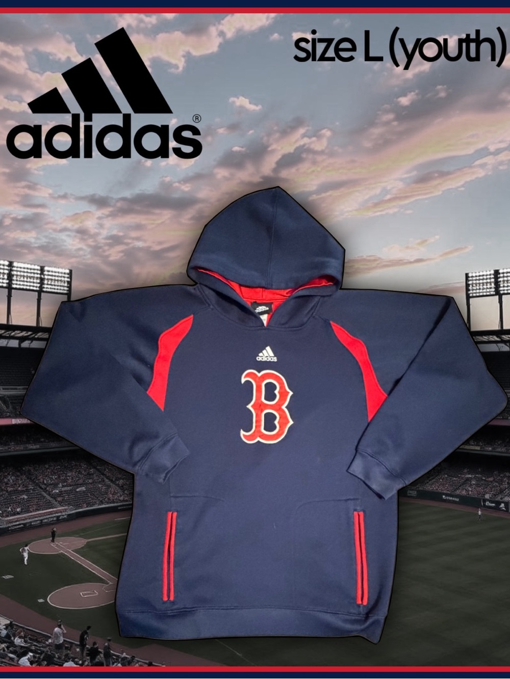 ADIDAS navy & red boston 'RED SOX' fangear HOODIE size L